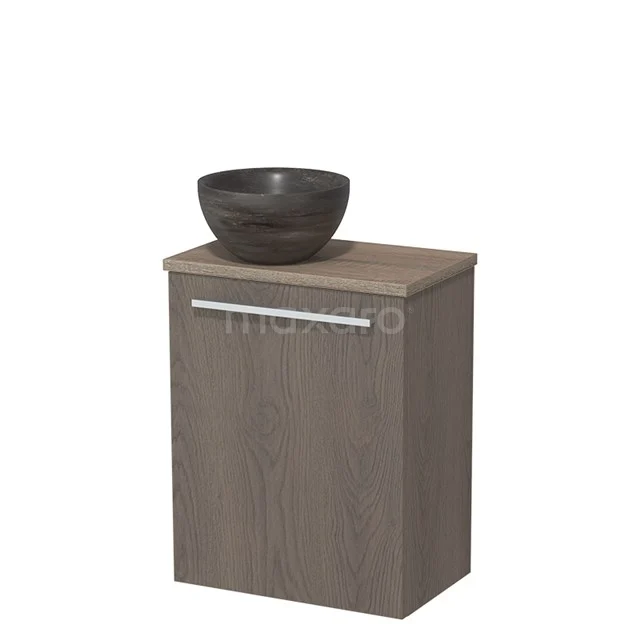 Grey oak bathroom cabinet with ceramic countertop wash basin, compact design and metal handle. Ideal for small bathrooms.