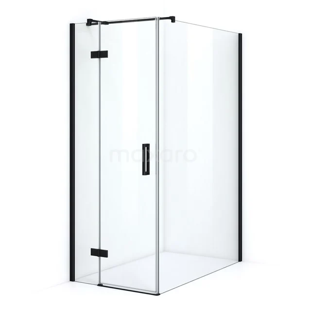 Shower enclosure with corner step, clear glass, black accents and minimalist design, ideal for a modern bathroom.