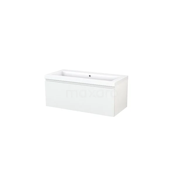 Modulo+ Vanity units with basin | 100 cm High-gloss white Handle-less front Mineral marble 1 drawer BMP001805 Rectangular white freestanding bathtub, modern design, ideal for a luxurious bathroom, made of high-quality acrylic.