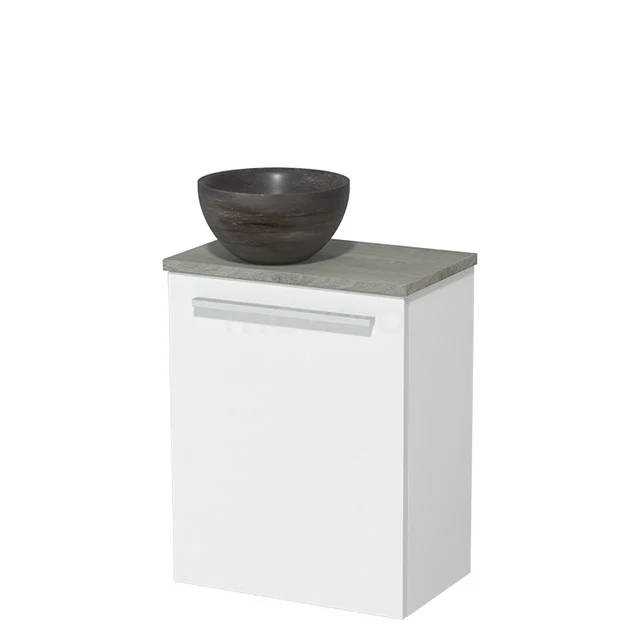 WC-Möbel mit Aufsatzwaschbecken | 41 cm Matt Weiß Glatte Front Blaustein Naturstein-Aufsatzwaschbecken Graue Eiche TMK10-07333 Weißer Badschrank mit grauem Steinen Waschbecken, schlankes Design und Eichenfurnier Platte, ideal für moderne Bäder.