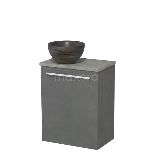 WC-Möbel mit Aufsatzwaschbecken | 41 cm Dunkelgrauer Beton Glatte Front Blaustein Naturstein Aufsatzwaschbecken Graue Eiche Platte TMK10-07358 Grauer Badschrank mit mattem keramischen Aufsatzwaschbecken, kompaktem Design und Chrom Haltegriff, ideal für moderne Badezimmerindellungen.