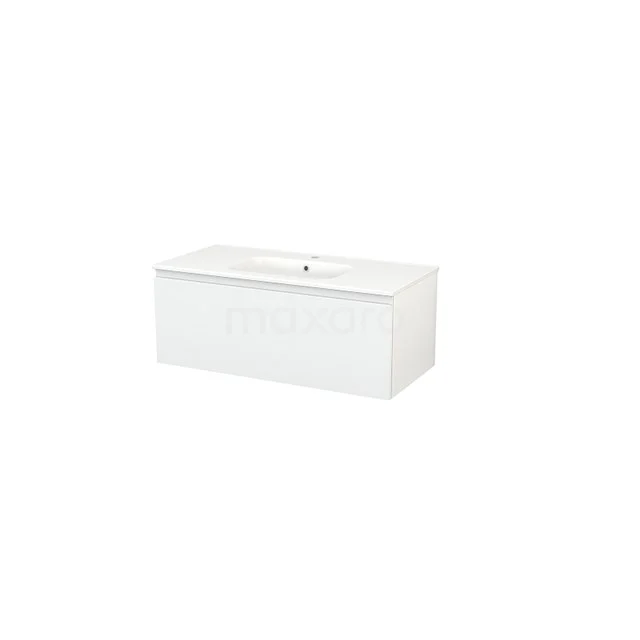 Modulo+ Bathroom furniture with sink | 100 cm High-gloss white Handle-less front Ceramic 1 drawer BMP001812 White vanity unit made of wood, modern design, with integrated basin; ideal for stylish bathroom storage.