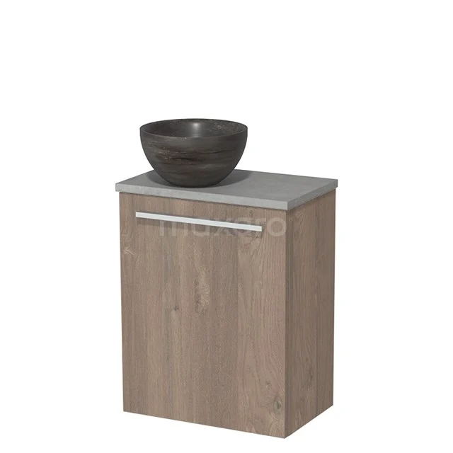 WC-Möbel mit Aufsatzwaschbecken | 41 cm mittelbraune Eiche glatte Front Blaustein Naturstein Aufsatzwaschbecken hellgrauer Beton Platte TMK10-07389 Holz-Badmöbel mit grauem Waschbecken und modernem Design, ideal für stilvolle und kompakte Bäder.