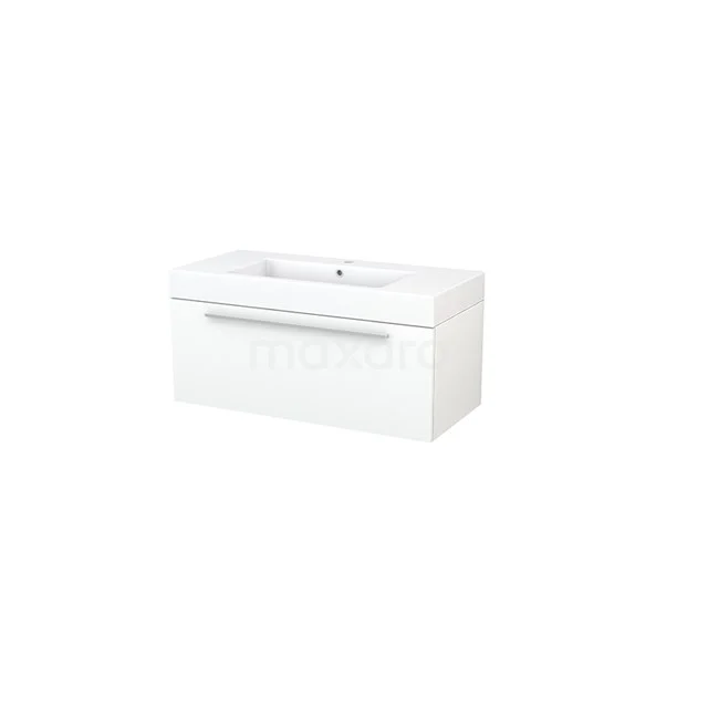 Modulo+ Vanity units with basin | 100 cm Matte white Flat front Mineral marble 1 drawer BMP001821 White vanity unit with smooth finish, integrated basin and metal handle, ideal for a modern bathroom style.