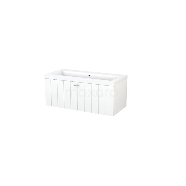 White bathroom unit with double basin, ribbed panel design and chrome handles, ideal for a modern bathroom.