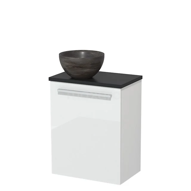 Wit badkamerkastje met zwarte bovenblad en een grijze keramische waskom, ideaal voor een moderne badkamerstijl.