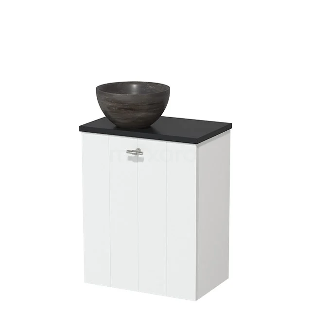 White suspended bathroom unit with black natural stone worktop and round grey countertop wash basin, compact design for modern bathrooms.