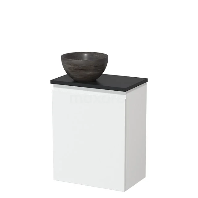 Wit badkamermeubel met zwarte bovenplaat en ronde, donkergrijze waskom van keramiek; modern en compact design.