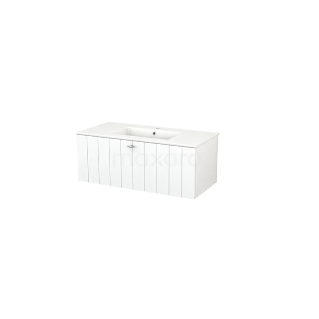 White bathroom unit with integrated vanity units with basin, country style, vertical panels and compact design.