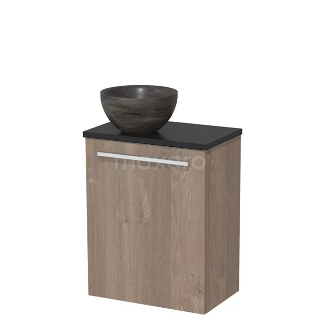 Wooden bathroom cabinet with countertop wash basin, oak look with black metal handle, modern design, perfect for bathroom storage.