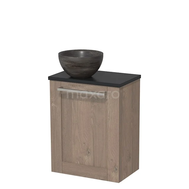 WC-Möbel mit Aufsatzwaschbecken | 41 cm Mittelbraune Eiche Rahmenfront Blaustein Naturstein Aufsatzwaschbecken Matt Schwarz Platte TMK10-07466 Holz-Badschrank mit schwarzem Stein-Aufsatzwaschbecken, modernes Aussehen, ideal für eine stilvolle und praktische Badezimmergestaltung.