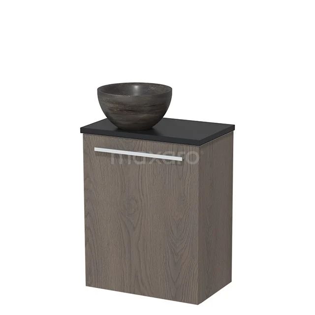 WC-Möbel mit Aufsatzwaschbecken | 41 cm Dunkelbraune Eiche Glatte Front Blaustein Naturstein Aufsatzwaschbecken Matt Schwarz Platte TMK10-07467 Badschrank Holzoptik mit schwarzer Platte und rundem keramischen Aufsatzwaschbecken, kompaktes Design ideal für moderne Bäder.