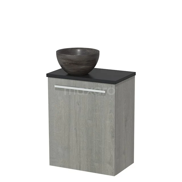 Hanging bathroom cabinet grey wood-look with black worktop, ceramic countertop wash basin and stainless steel handle.