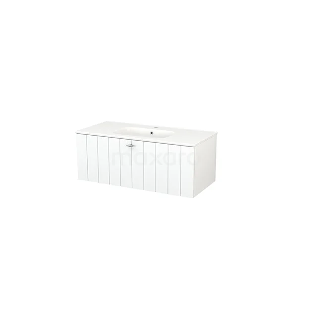 Weißer Badschrank mit Paneelen, längliches Design, aus nachhaltigem Holz gefertigt; ideal für Stauraum im Badezimmer.