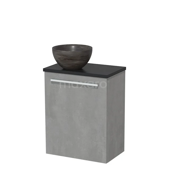 Grijze badkamerkast met een zwarte top en een ronde keramische waskom, modern design en minimalistische stijl.