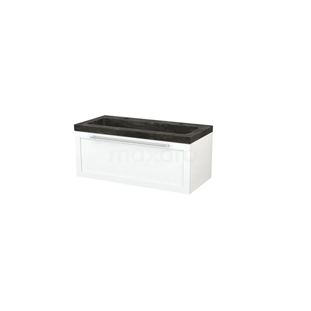 White hanging bathroom unit with black top, modern design and spacious storage drawer, perfect for a stylish bathroom.
