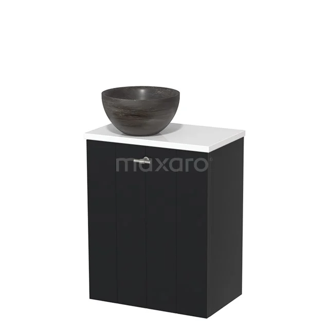 Zwarte badkamerkast met wit blad en ronde, matte bruine waskom; compact ontwerp, ideaal voor moderne badkamers.