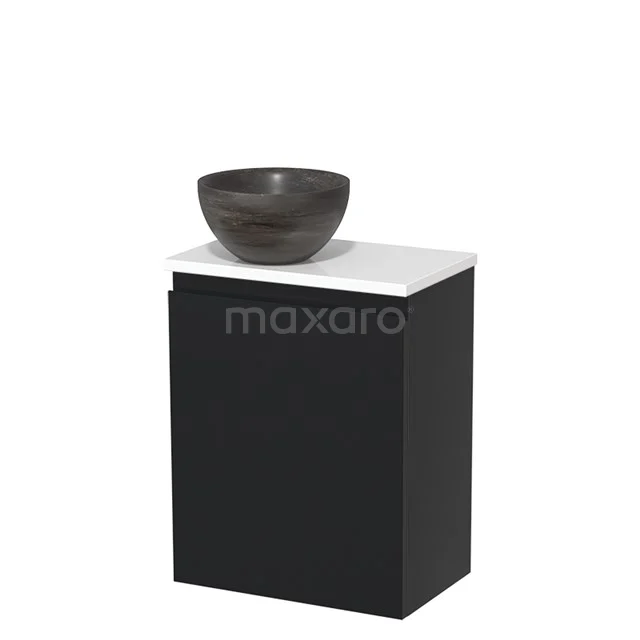 Zwart badkamermeubel met witte top en ronde donkere wastafel, gemaakt van keramiek, ideaal voor moderne badkamerontwerpen.