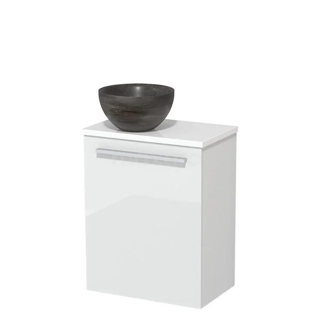 Wit badkamerkastje met glanzend front, inclusief houtkleurige waskom, ideaal voor moderne badkamerinrichting.
