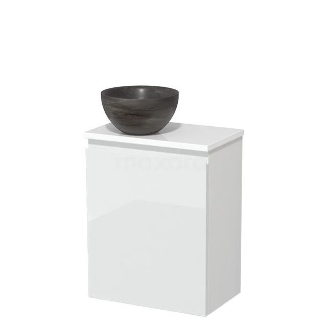 Wit glanzend badkamerkastje met keramische waskom in antraciet, modern design, ideaal voor compacte badkamers.