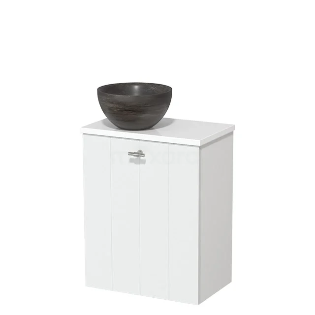 Wit badkamerkastje met houtskoolgrijze waskom, modern design en compacte opbergruimte voor een stijlvolle badkamerindeling.