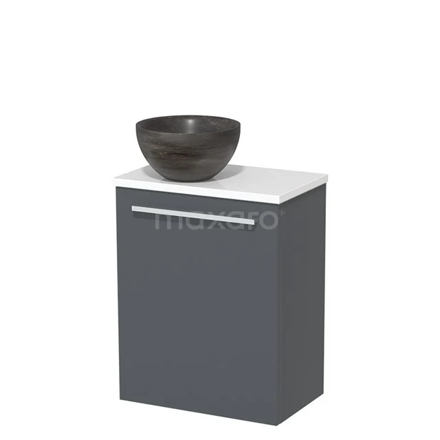 Donkergrijze badkamerkast met witte bovenkant en zwarte wastafelschaal, strak design en moderne uitstraling.
