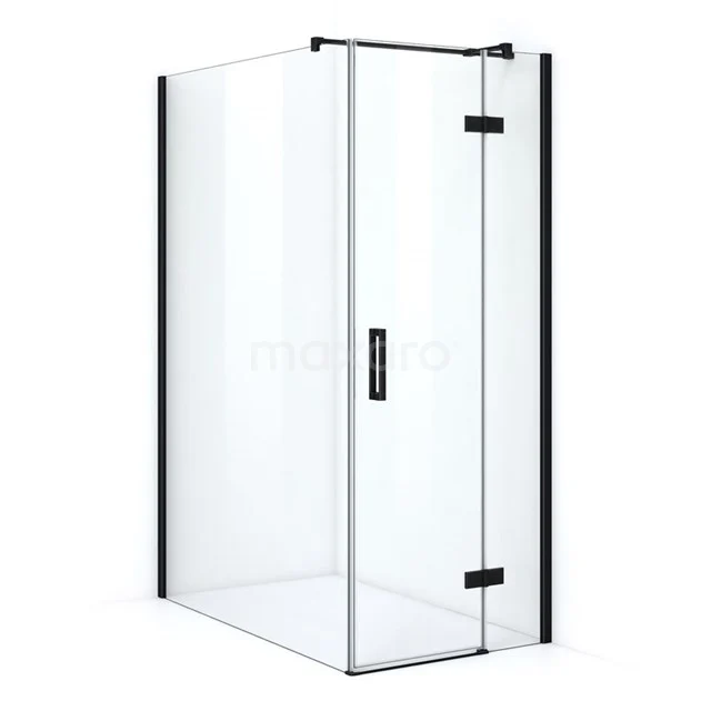 Pearl Shower enclosure | 140x80 cm Matte black Clear glass Pivot door Rectangle CPB1453320M White glass shower enclosure with matte black profiles and pivot door, ideal for modern bathroom design.