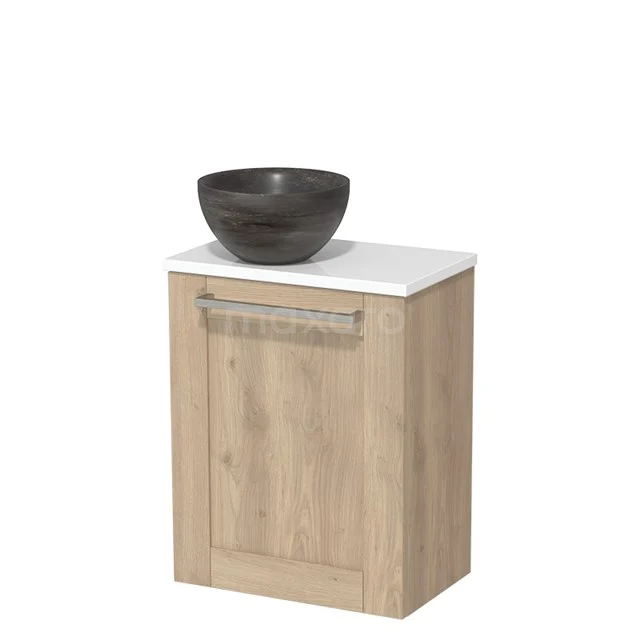 Houten badkamermeubel met witte blad en grijze waskom, moderne stijl, compact ontwerp, perfect voor elke badkamerruimte.