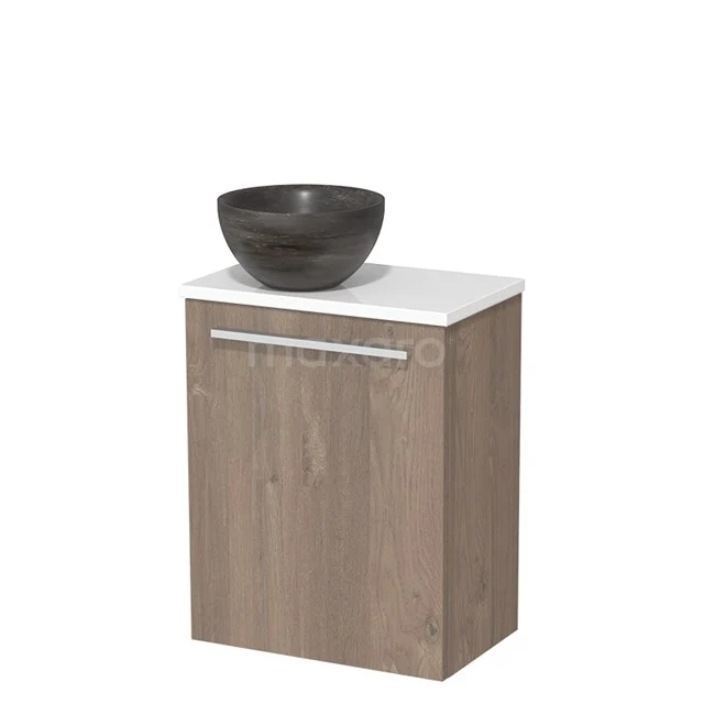 Houten badkamerkastje met wastafelkom, mat houtdesign, metalen greep en wit blad, ideaal voor een moderne badkamerstijl.