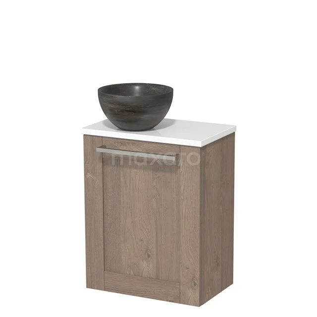 Houten badkamerkast met wastafel, elegant donkergrijs keramisch waskommodel, witte bladafwerking, duurzaam en stijlvol design.