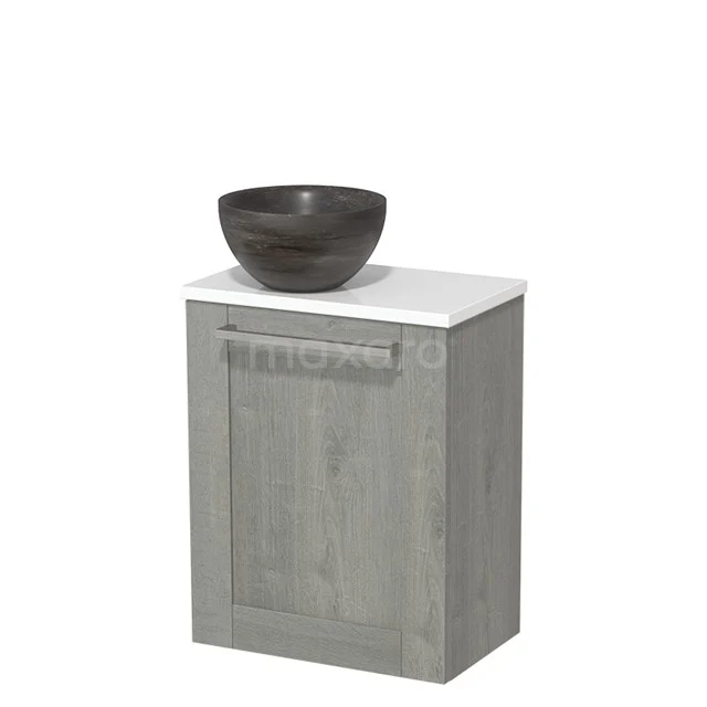Toilet unit with countertop wash basin | 41 cm Grey oak Front Blue stone Natural stone countertop wash basin High-gloss white worktop TMK10-07546 Grey bathroom cabinet with wood look, white top and modern brown countertop wash basin, perfect for stylish bathroom decor.