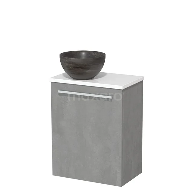 Grijs badkamerkastje met lade, witte bovenkant en moderne zwarte waskom, ideaal voor een strakke en minimalistische badkamerstijl.