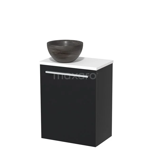 Zwarte badkamerkast met witte bovenplaat en ronde design-waskom, ideaal voor moderne badkamerinrichting.
