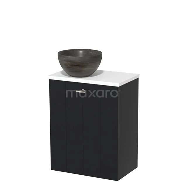 Zwarte badkamerkast met witte top, keramische wastafelkom en strak design, ideaal voor moderne badkamers.