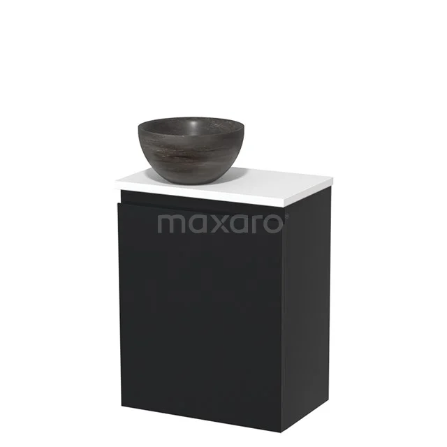 Zwarte badkamerkast met wit blad en ronde wastafel in donker keramiek, perfect voor moderne badkamers.