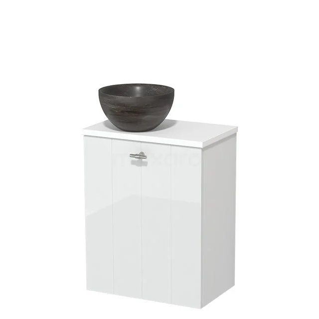 Wit hangend badkamerkastje met keramische waskom in grijs marmerlook, modern design met strakke afwerking.