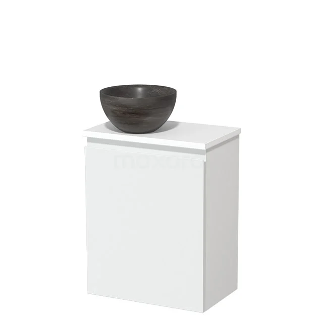 Wit badkamermeubel met opzetwastafel in donker keramiek, strak en modern design voor een stijlvolle badkamerinrichting.