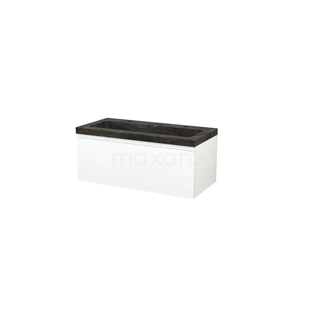 Modulo+ Vanity units with basin | 100 cm Matte white Handle-less front Natural stone 1 drawer BMP001853 White Bathroom cabinet with black top, modern design, ideal for storage in a stylish bathroom environment.