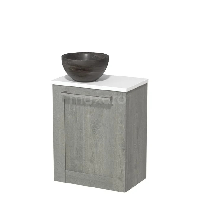 Toilet unit with countertop wash basin | 41 cm Grey oak Front Blue stone Natural stone countertop wash basin Matte white worktop TMK10-07584 Bathroom vanity unit wood-look grey with white top and round black countertop wash basin; practical and stylish design.