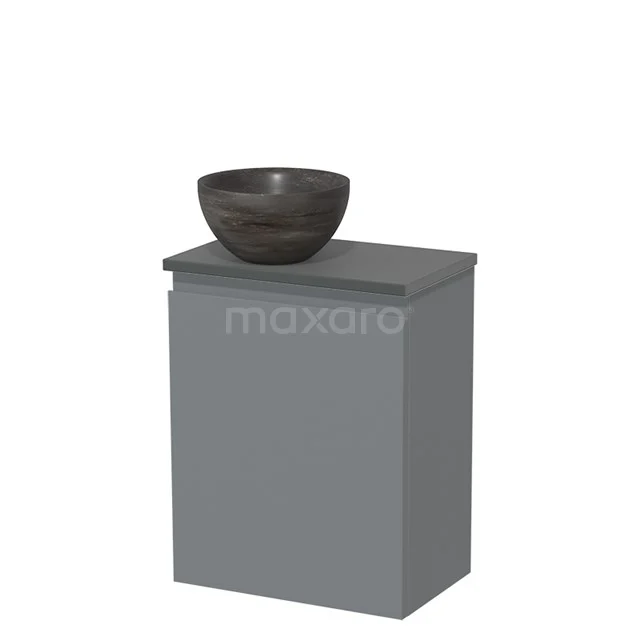 Grijze badkamerkast met keramische opzetwaskom, compact ontwerp, ideaal voor moderne badkamers.