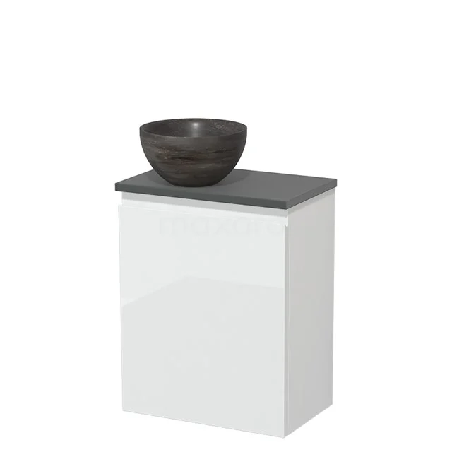 Wit badkamermeubel met grijs blad en ronde, donkerbruine waskom; modern ontwerp, ideaal voor compacte badkamers.