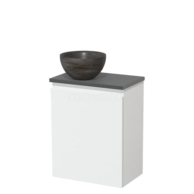 Weißes Badezimmermöbel mit Dunkelgrau steinernem Aufsatzwaschbecken, kompaktes Design, ideal für moderne Bäder.