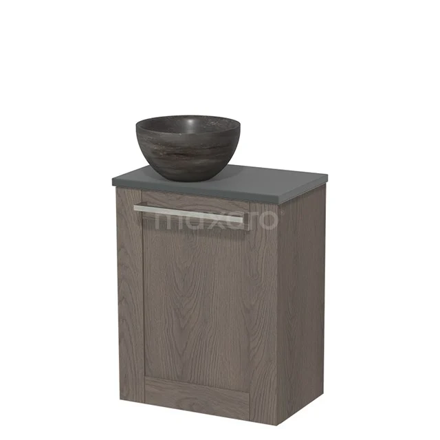 WC-Möbel mit Aufsatzwaschbecken | 41 cm Dunkelbraune Eiche Rahmenfront Blaustein Naturstein Aufsatzwaschbecken Dunkelgraue Platte TMK10-07620 Kompakter grauer Badschrank mit Holzoptik und schwarzem Aufsatzwaschbecken, ideal für moderne Badezimmergestaltung.
