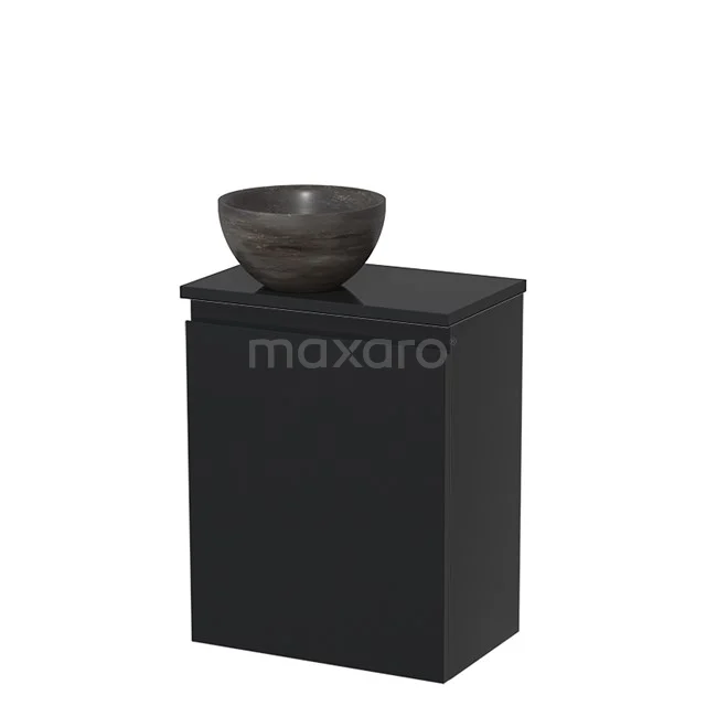 Black bathroom cabinet with natural stone countertop wash basin, modern design, ideal for stylish bathroom decor.