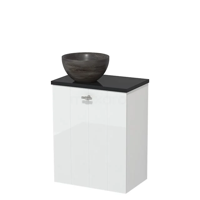 Toiletmeubel met waskom | 41 cm Hoogglans wit Lamel front Blue stone Natuursteen waskom Hoogglans zwart blad TMK10-07634
