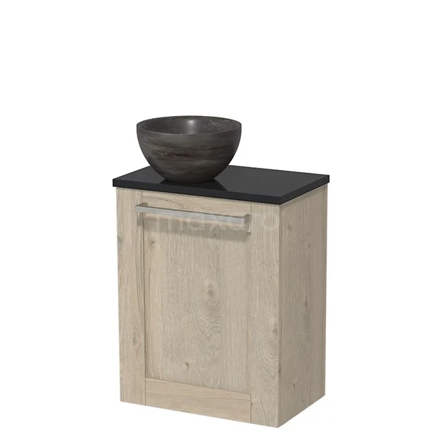 Toilet unit with countertop wash basin | 41 cm Light grey oak Front Blue stone Natural stone countertop wash basin High-gloss black worktop TMK10-07652 Wooden bathroom cabinet with black worktop and ceramic countertop wash basin, ideal for a stylish and modern bathroom design.