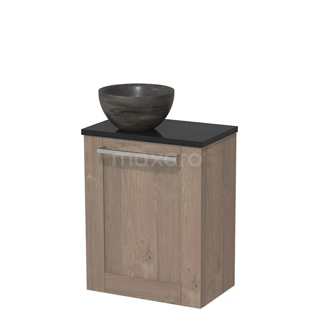 Toilet unit with countertop wash basin | 41 cm Mid brown oak Front Blue stone Natural stone countertop wash basin High-gloss black worktop TMK10-07656 Wooden bathroom cabinet with dark countertop wash basin, oak look, black worktop and modern Handle, perfect compact storage.