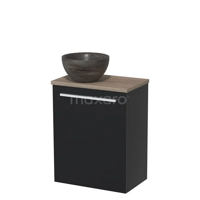 Zwart badkamermeubel met houten blad en waskom, modern design, ideaal voor een strakke en functionele badkamerinrichting.