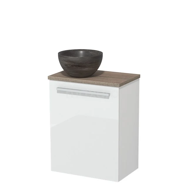 Wit badkamerkastje met houtlook blad, keramische waskom in antraciet, ideaal voor een moderne badkamer.