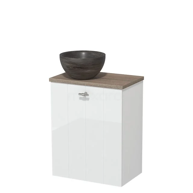 Witte badkamerkast met houten blad en grijze stenen waskom, compact design, ideaal voor moderne badkamers.